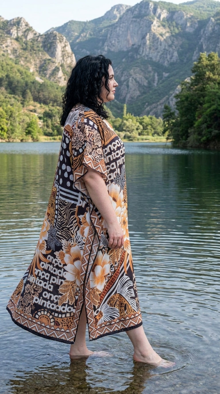 Brown Floral Polyester Women Plus Size Kaftan Resort Dress 1X-3X