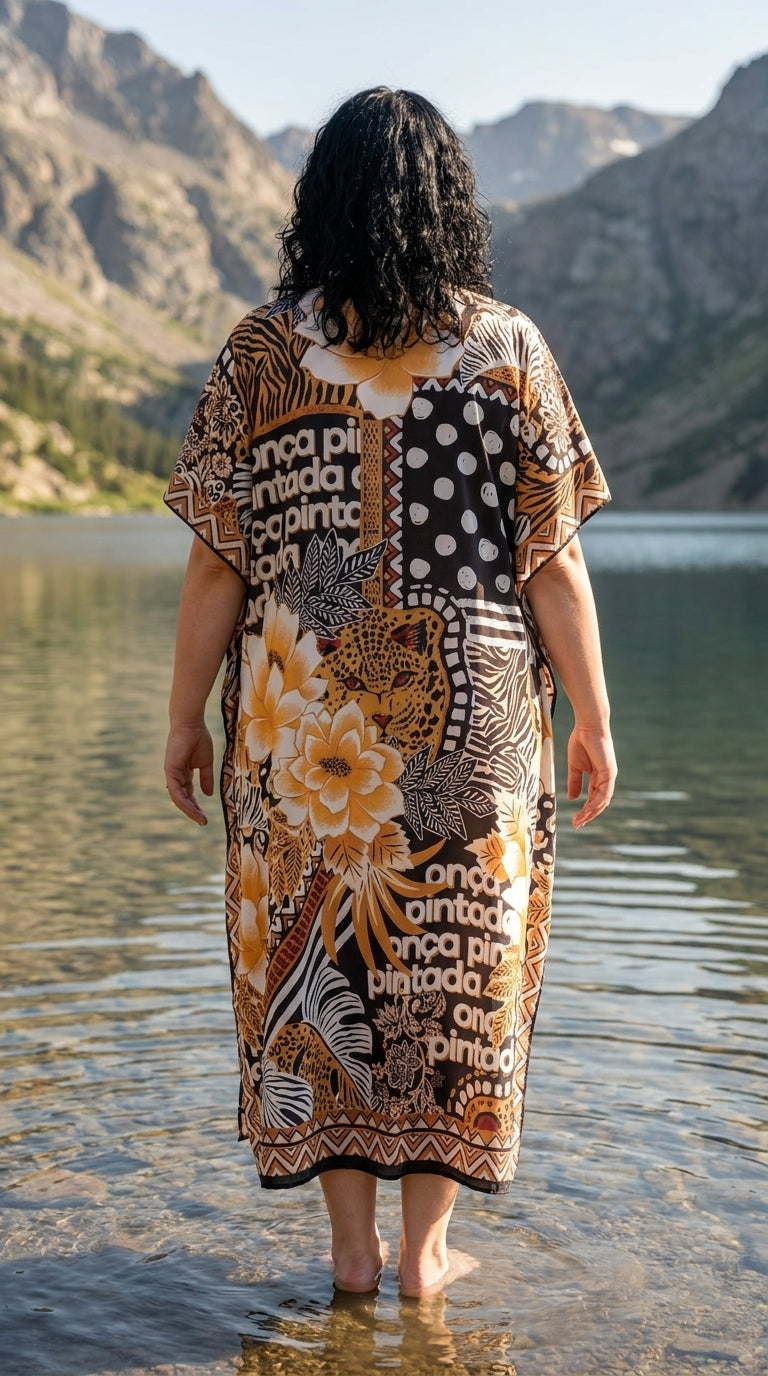 Brown Floral Polyester Women Plus Size Kaftan Resort Dress 1X-3X