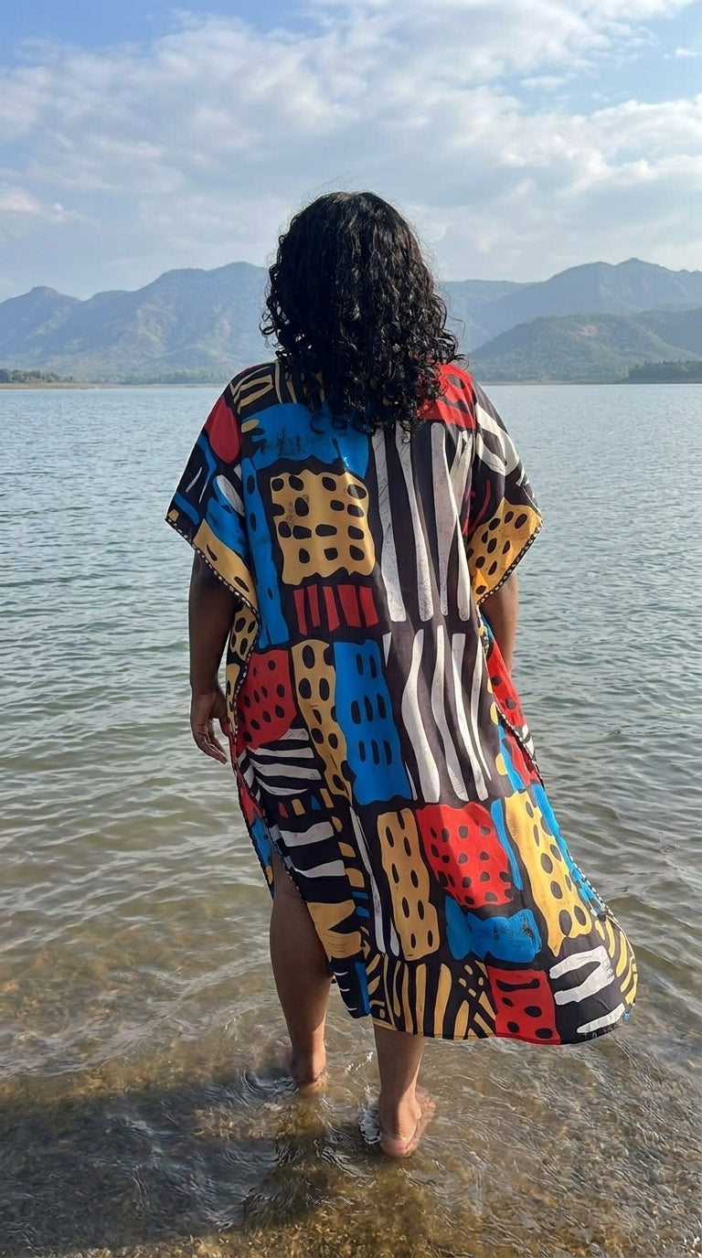 Multicolor Geometric Polyester Women Plus Size Kaftan Vacation Dress 1X-3X