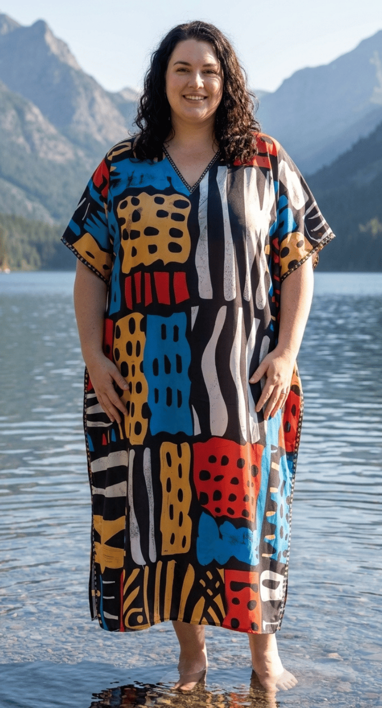 Multicolor Geometric Polyester Women Plus Size Kaftan Vacation Dress 1X-3X