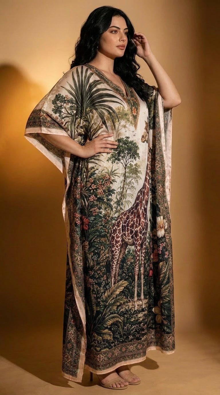 Cream Wildlife Print Polyester Women Plus Size Kaftan Summer Dress 1X-3X