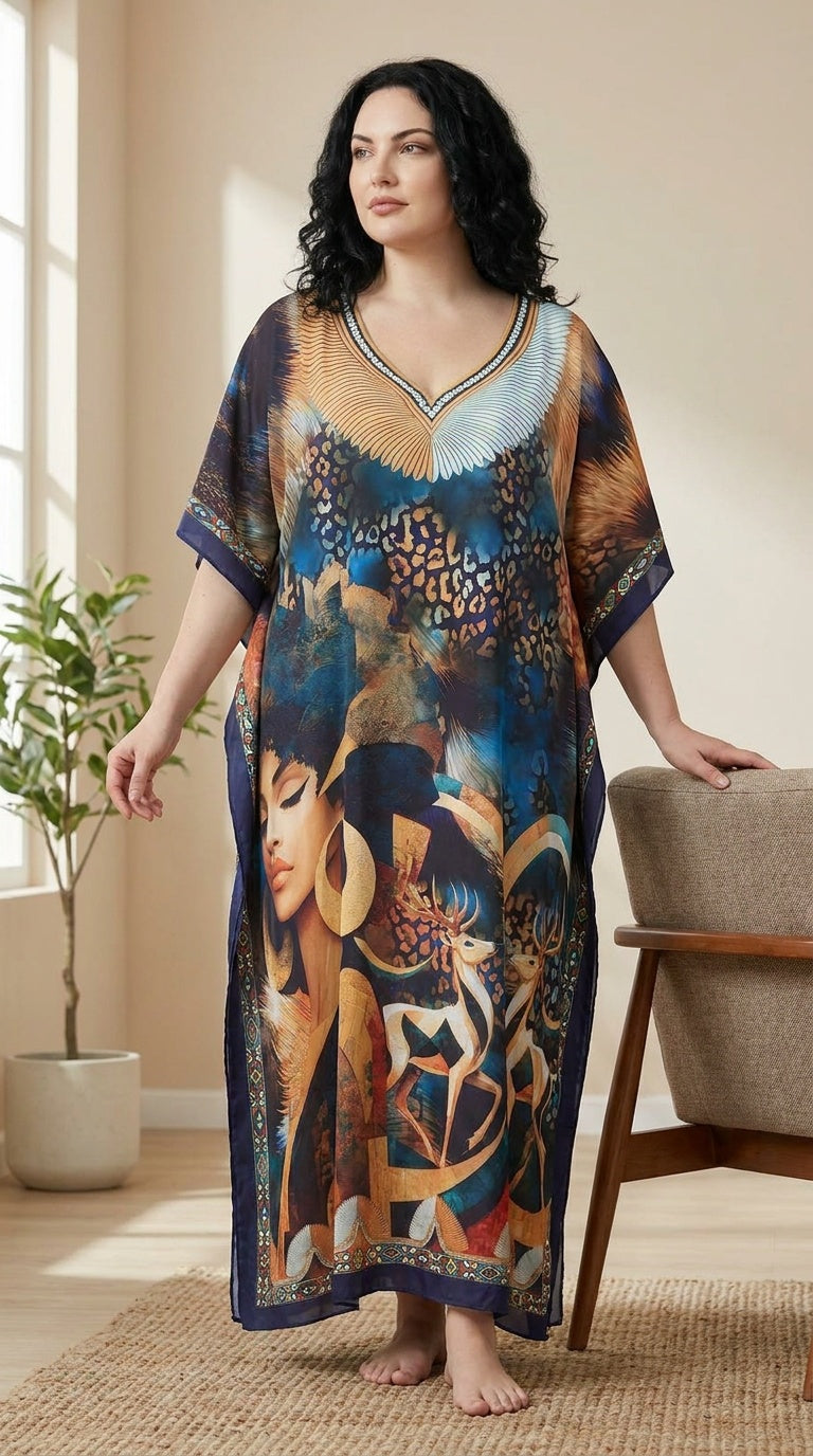 Navy Wildlife Print Polyester Women Plus Size Kaftan Summer Dress 1X-3X - Gypsie Blu