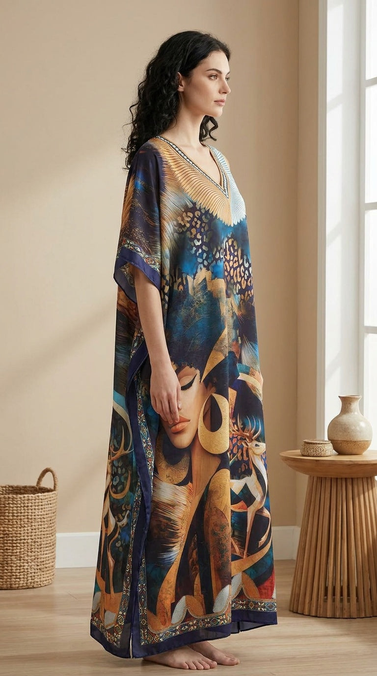 Navy Wildlife Print Polyester Women Plus Size Kaftan Summer Dress 1X-3X - Gypsie Blu