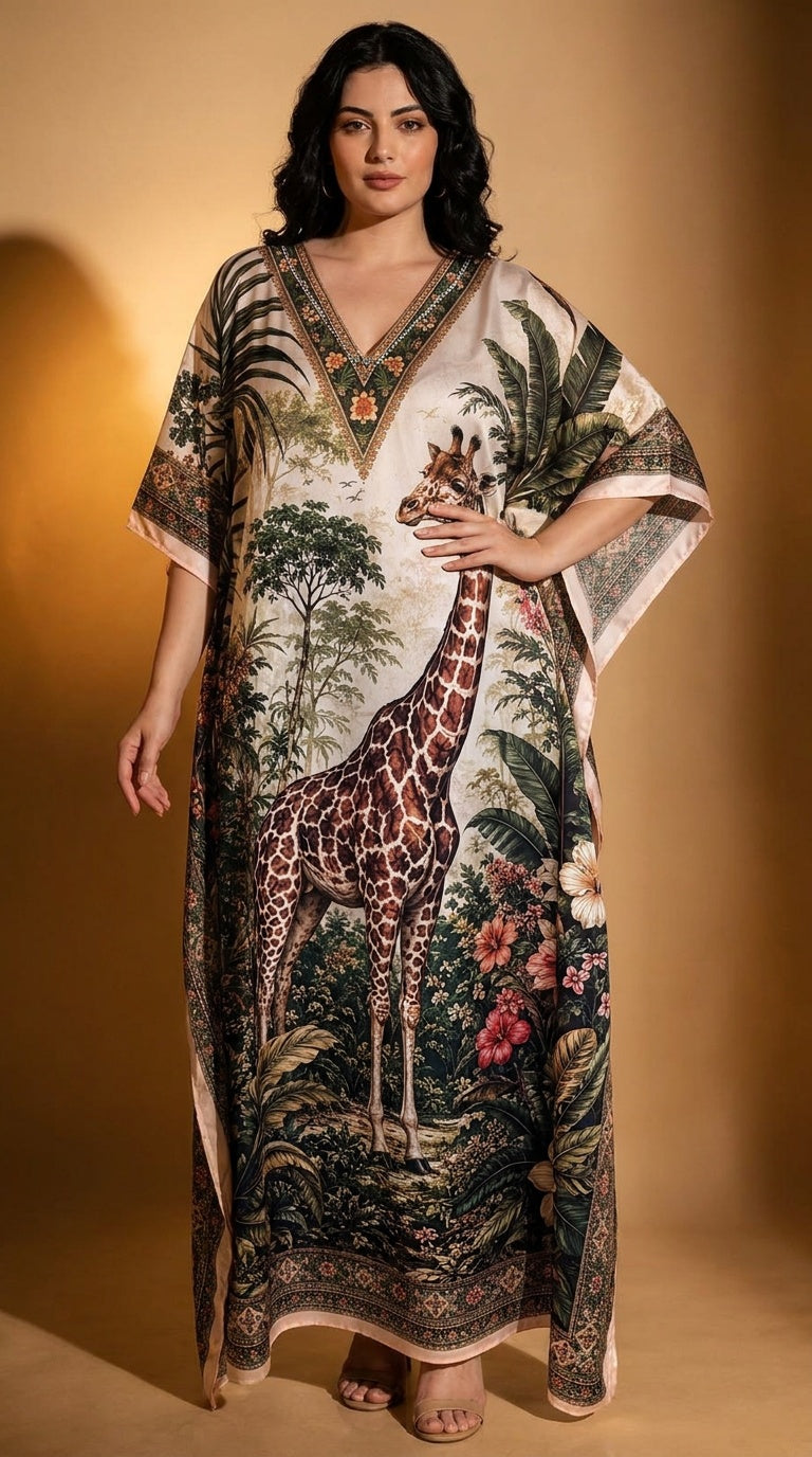 Cream Wildlife Print Polyester Women Plus Size Kaftan Summer Dress 1X-3X