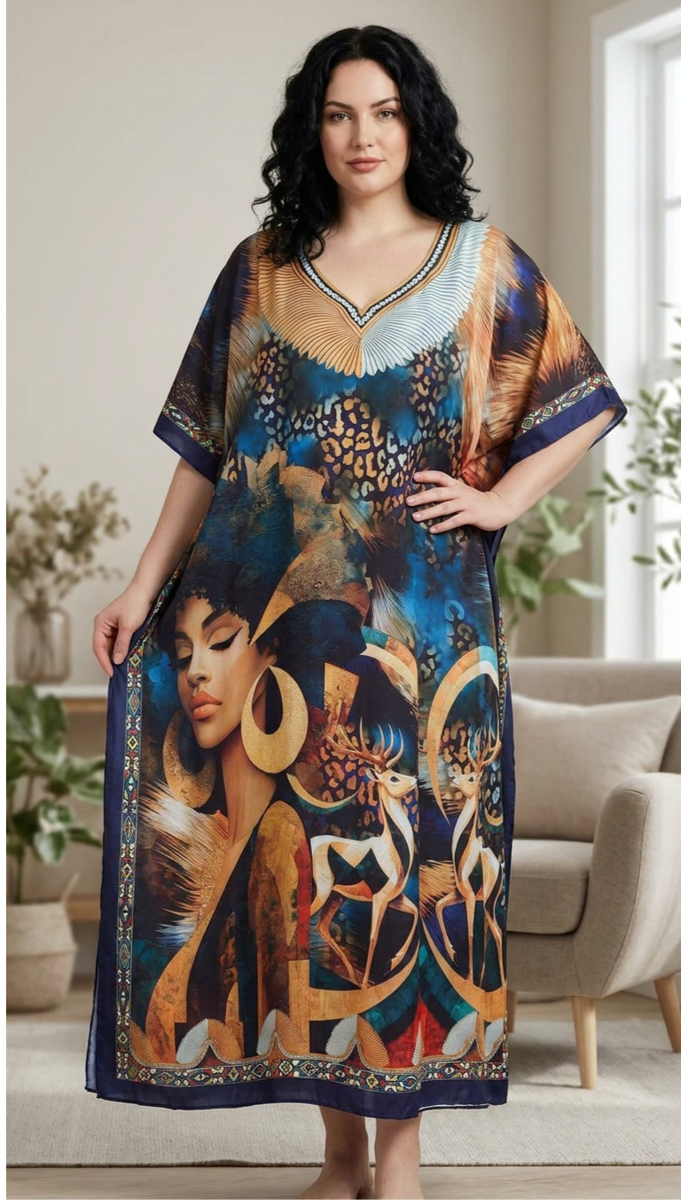 Navy Wildlife Print Polyester Women Plus Size Kaftan Summer Dress 1X-3X
