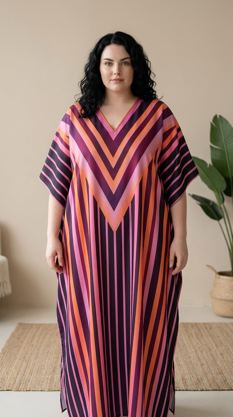 Pinkish Purple Purple Multi Striped Polyester Women Plus Size Kaftan Casual Dress 1X-3X - Gypsie Blu
