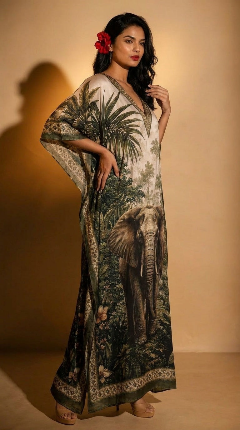 Cream Animal Print Polyester Women Plus Size Kaftan Casual Dress 1X-3X