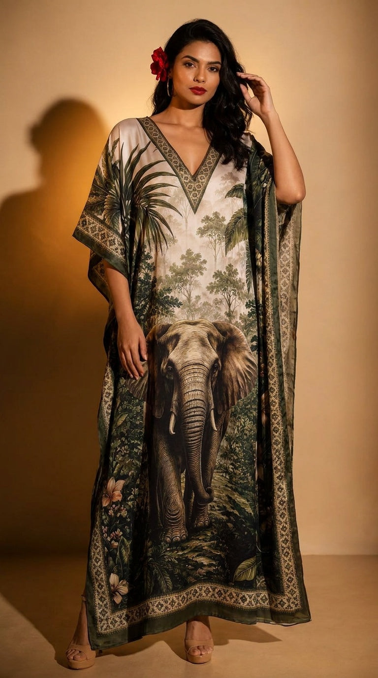 Cream Animal Print Polyester Women Plus Size Kaftan Casual Dress 1X-3X