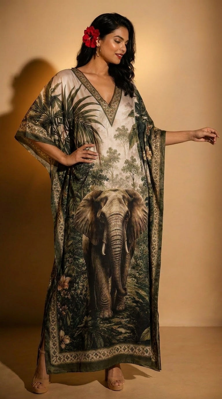 Cream Animal Print Polyester Women Plus Size Kaftan Casual Dress 1X-3X