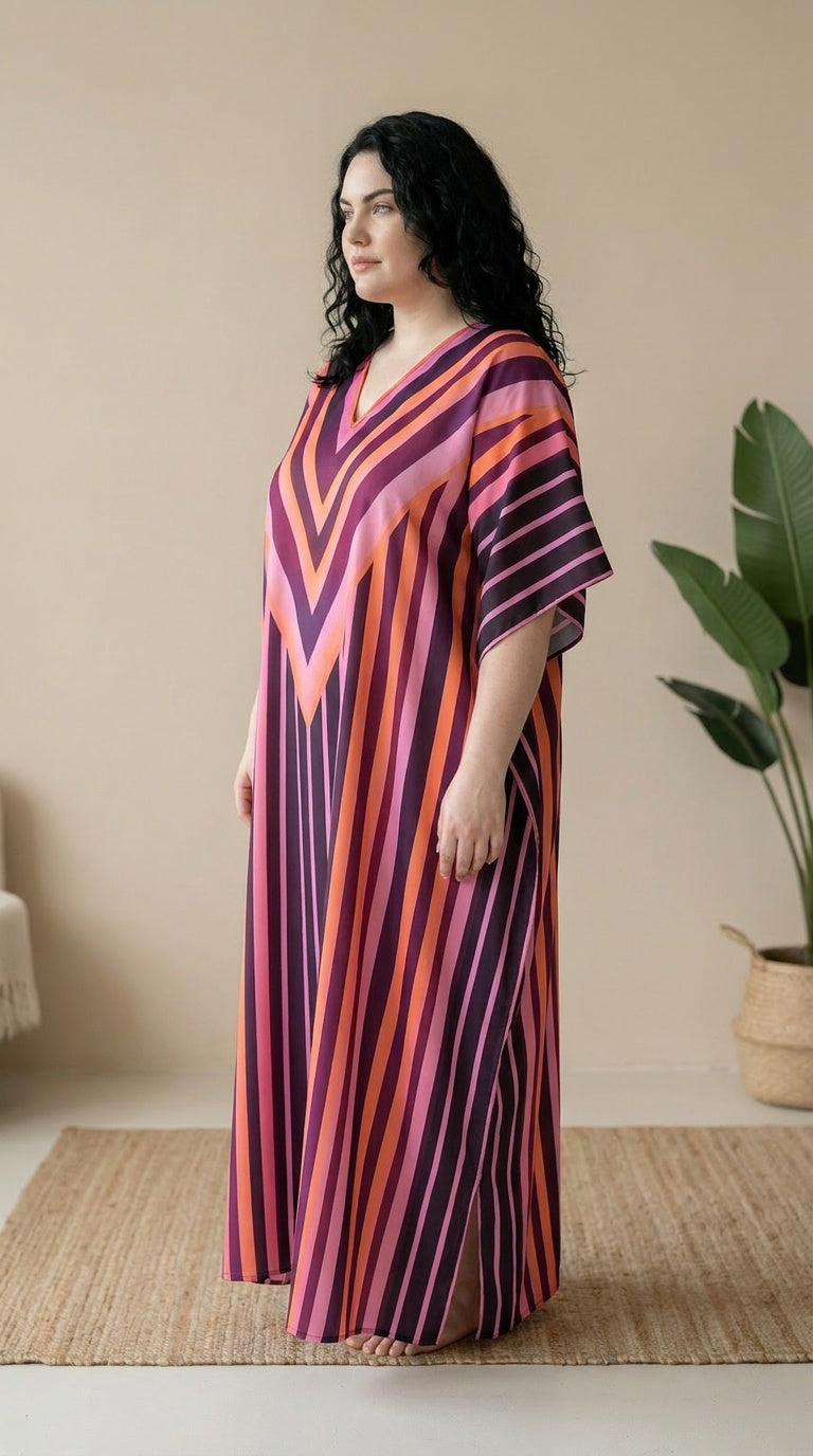 Pinkish Purple Purple Multi Striped Polyester Women Plus Size Kaftan Casual Dress 1X-3X - Gypsie Blu