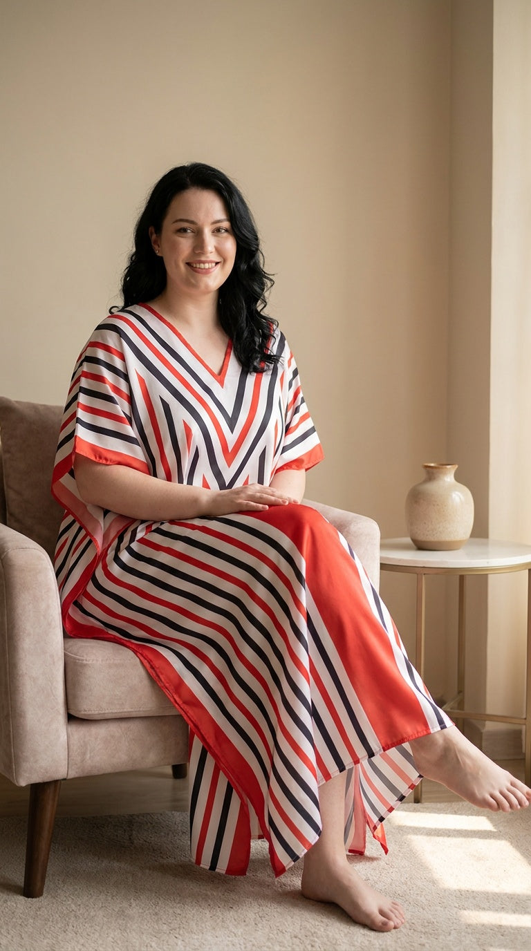 Red, navy and white chevron striped plus size kaftan with contrast V-neck yoke — additional view