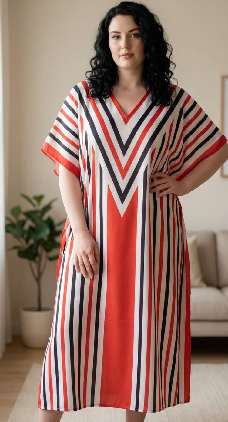 GypsieBlu Red Black Polyester Plus Size Kaftan for Women Kimono Sleeves 1X-3X Striped Print
