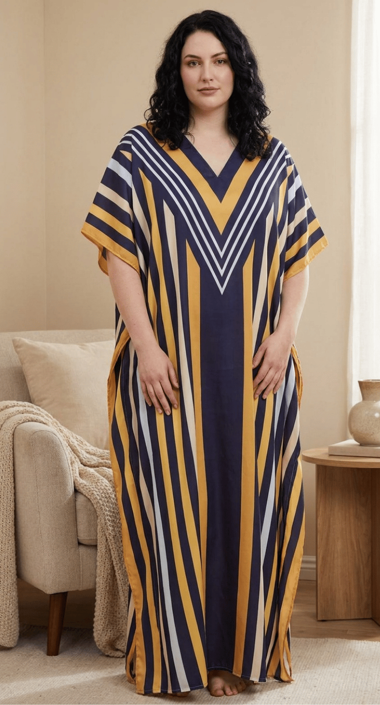 GypsieBlu Navy Blue Yellow Polyester Plus Size Kaftan for Women V-Neck 1X-3X Striped Print