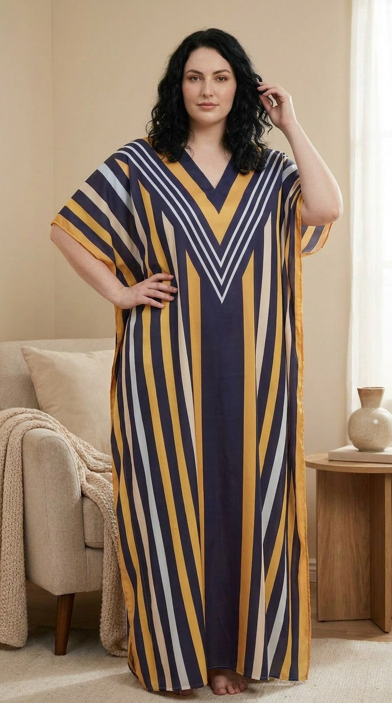 GypsieBlu Navy Blue Yellow Polyester Plus Size Kaftan for Women V-Neck 1X-3X Striped Print