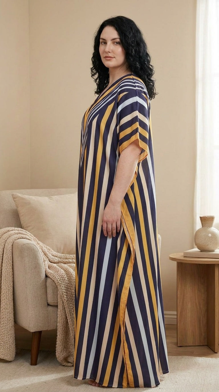 GypsieBlu Navy Blue Yellow Polyester Plus Size Kaftan for Women V-Neck 1X-3X Striped Print