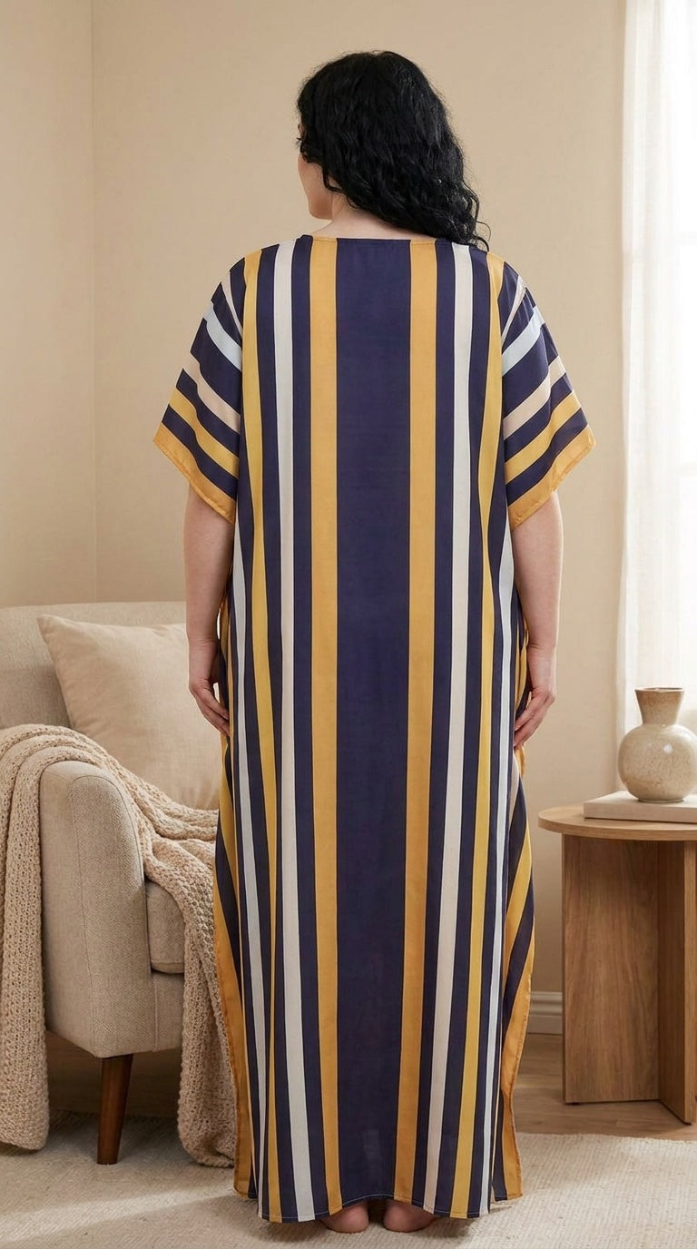 GypsieBlu Navy Blue Yellow Polyester Plus Size Kaftan for Women V-Neck 1X-3X Striped Print
