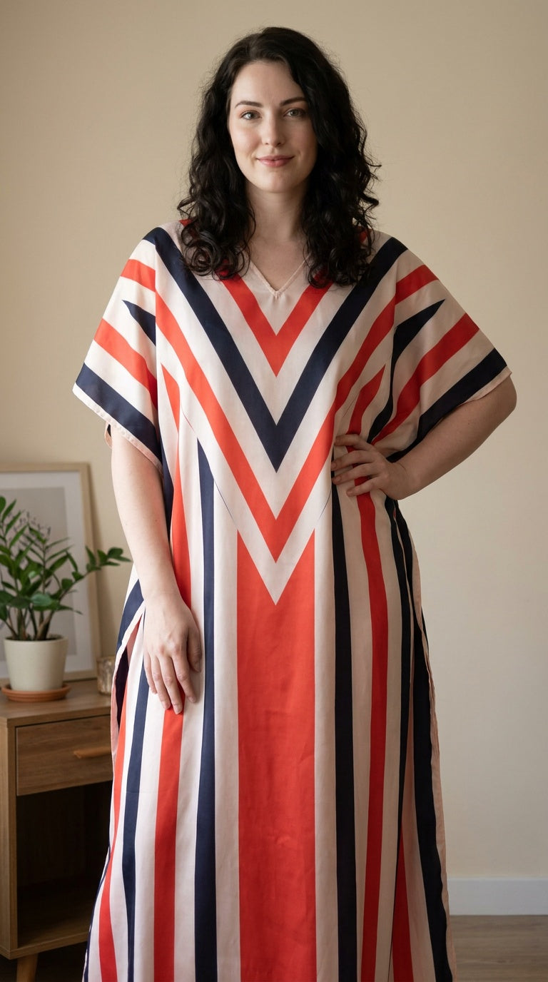 GypsieBlu Red Ivory Polyester Plus Size Kaftan for Women Momo Dress 1X-3X Striped Print