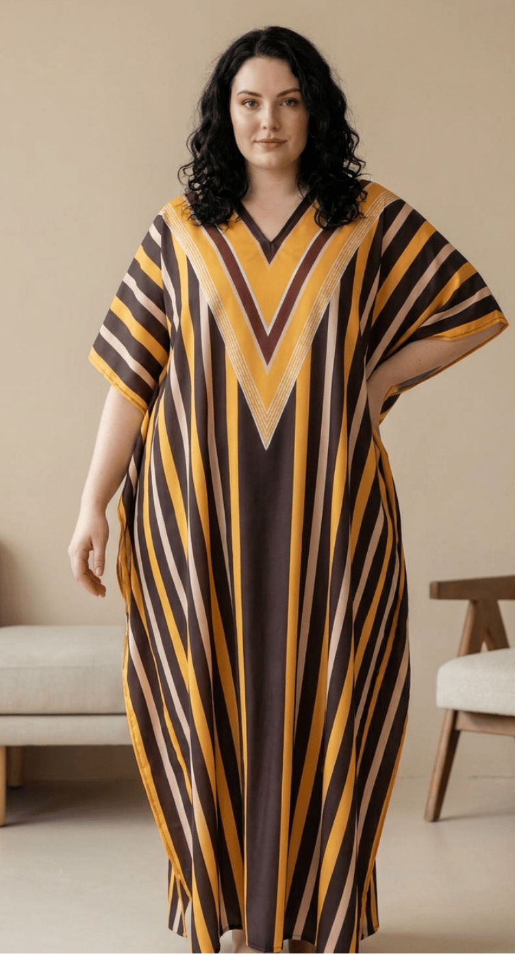 GypsieBlu Black Yellow Polyester Plus Size Kaftan for Women Muu Muu Dress 1X-3X Striped Print