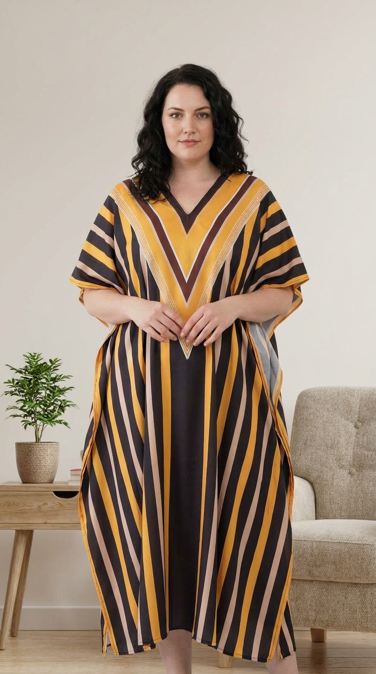GypsieBlu Black Yellow Polyester Plus Size Kaftan for Women Muu Muu Dress 1X-3X Striped Print