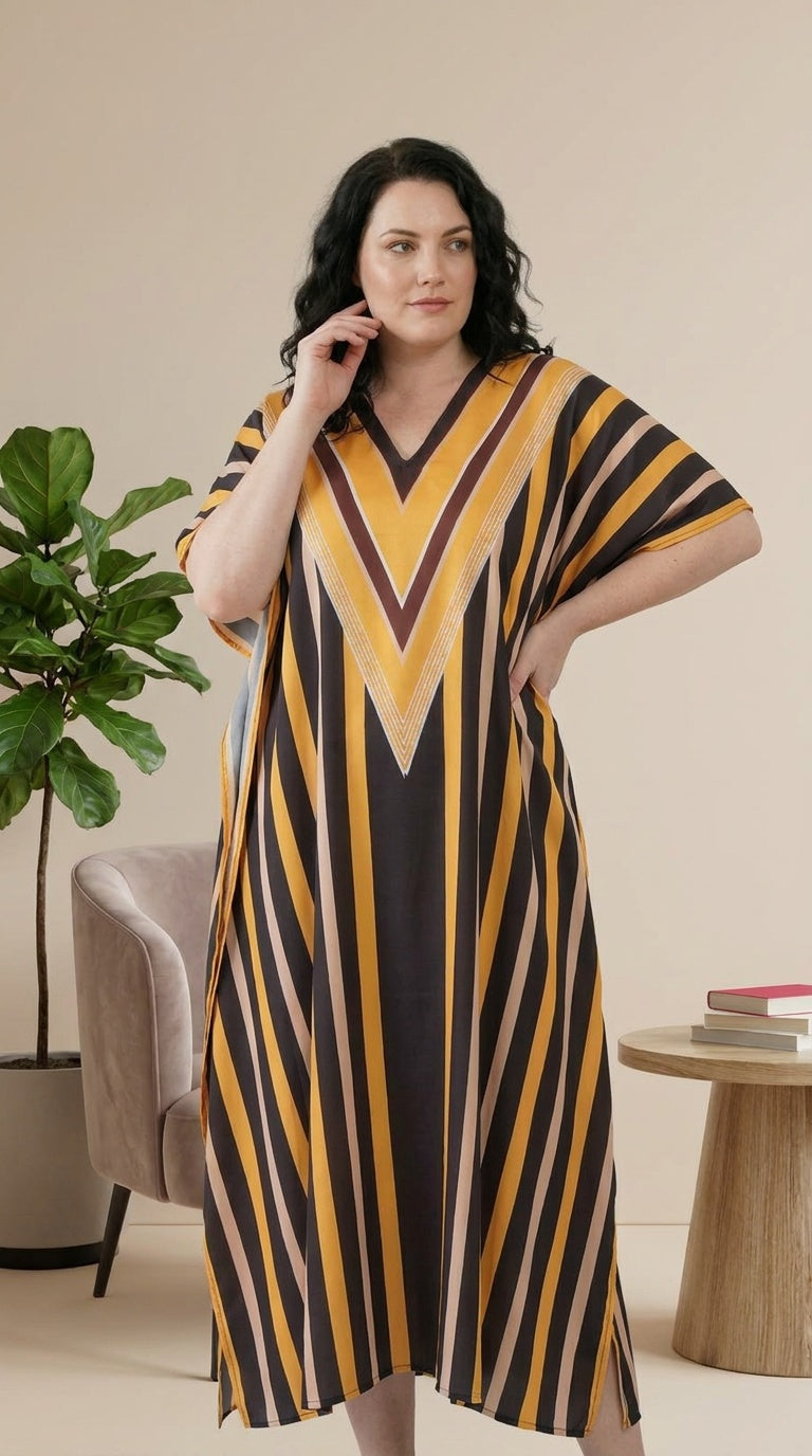 GypsieBlu Black Yellow Polyester Plus Size Kaftan for Women Muu Muu Dress 1X-3X Striped Print