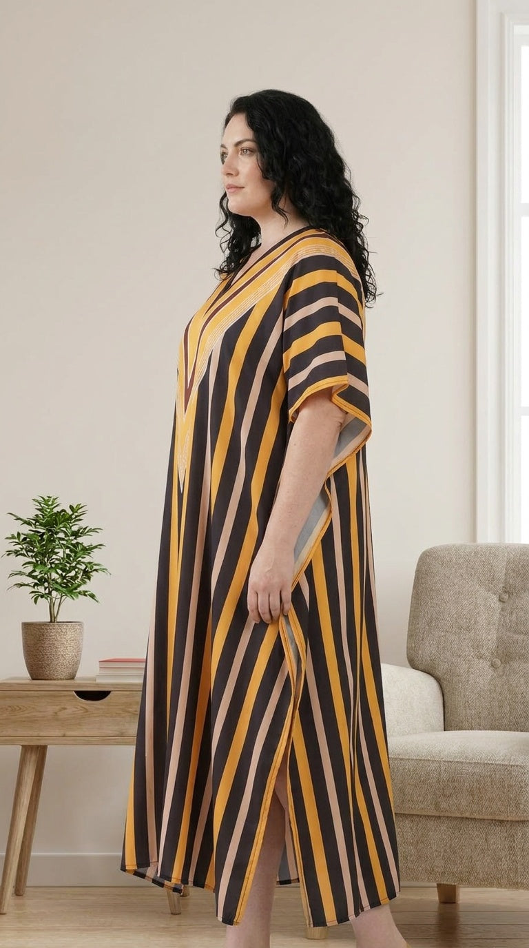 GypsieBlu Black Yellow Polyester Plus Size Kaftan for Women Muu Muu Dress 1X-3X Striped Print