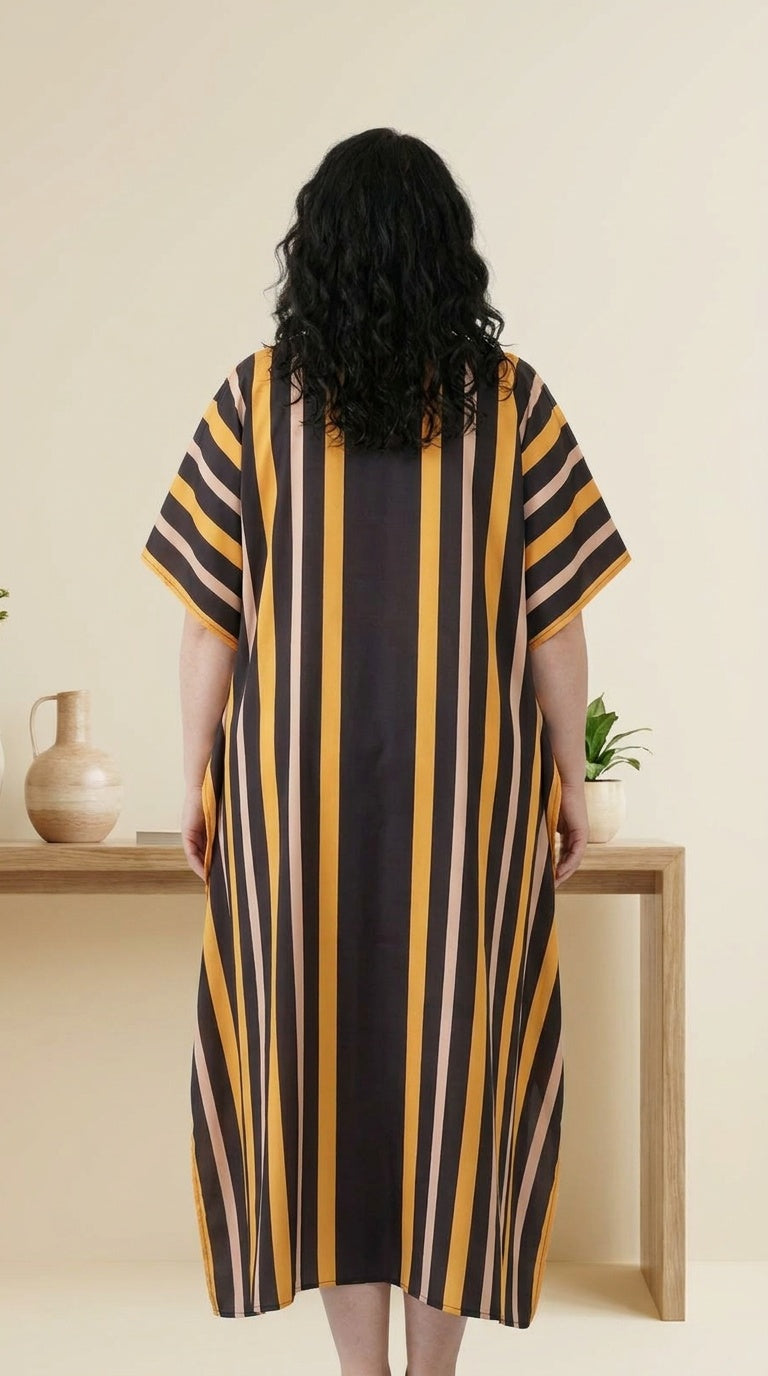 GypsieBlu Black Yellow Polyester Plus Size Kaftan for Women Muu Muu Dress 1X-3X Striped Print