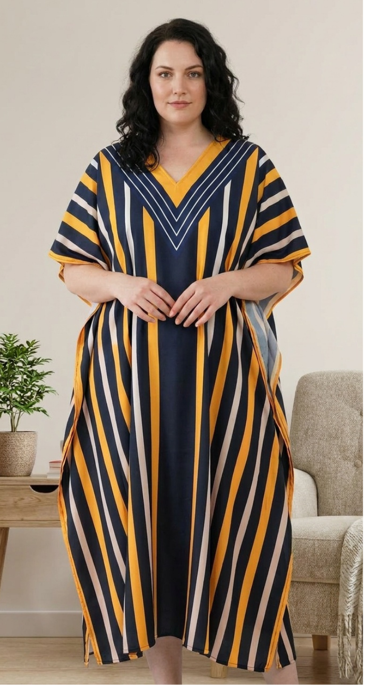GypsieBlu Navy White Polyester Plus Size Kaftan for Women Kimono Sleeves 1X-3X Striped Print