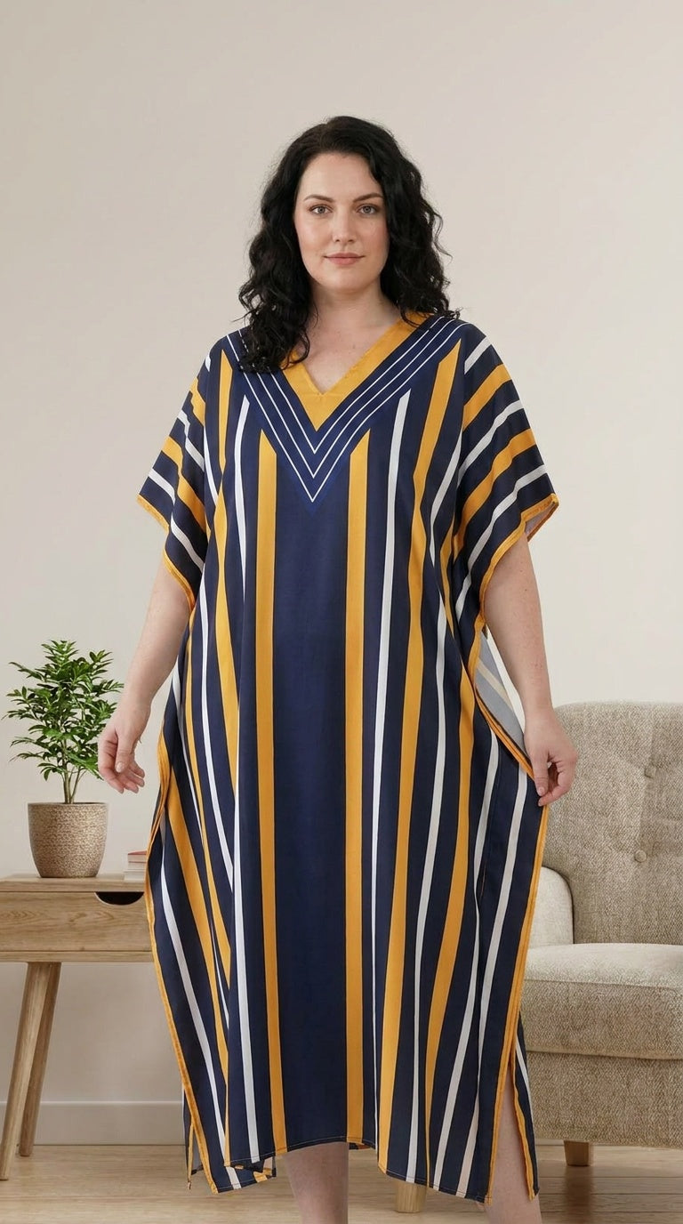 GypsieBlu Navy White Polyester Plus Size Kaftan for Women Kimono Sleeves 1X-3X Striped Print