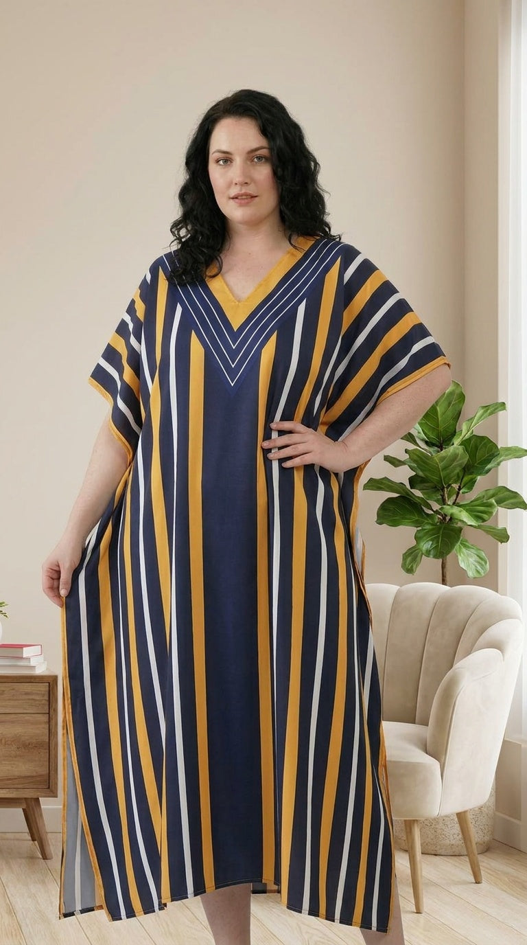 GypsieBlu Navy White Polyester Plus Size Kaftan for Women Kimono Sleeves 1X-3X Striped Print