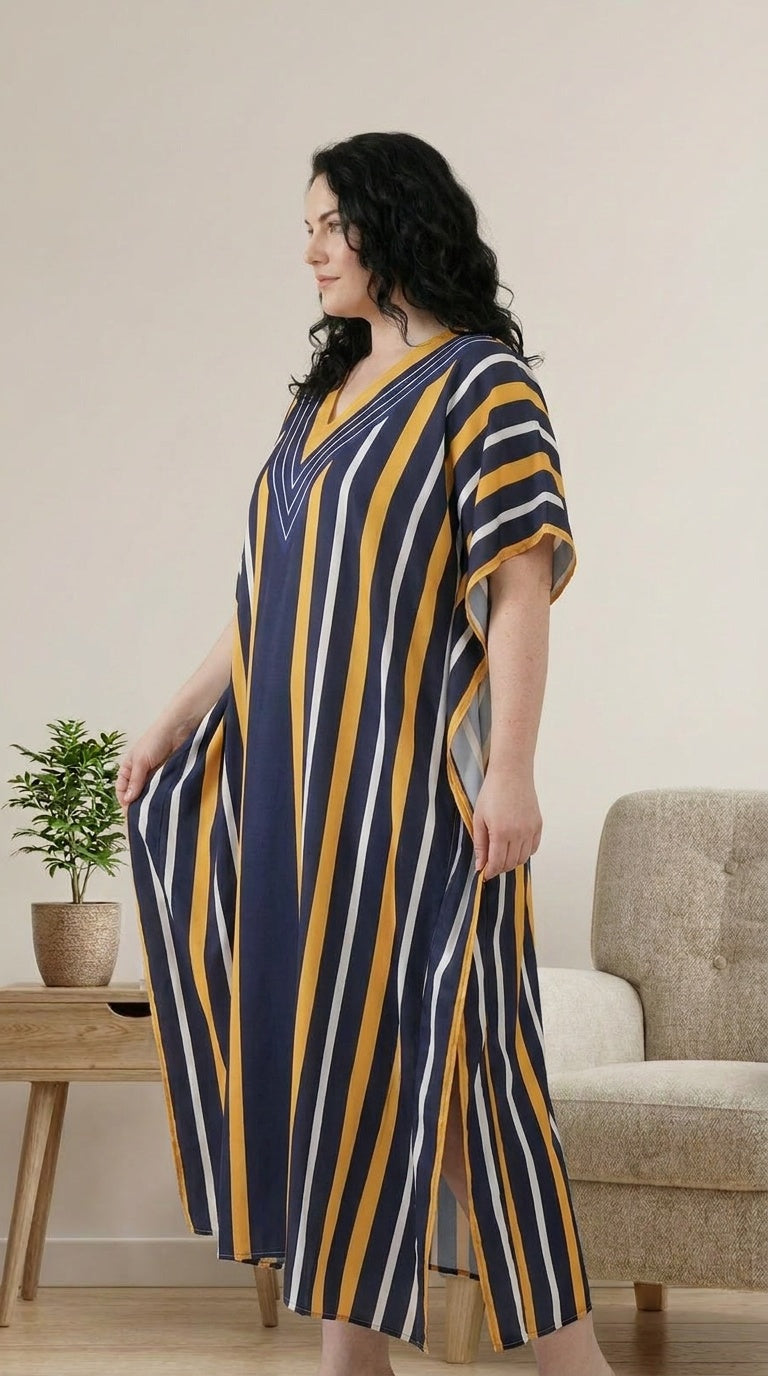 GypsieBlu Navy White Polyester Plus Size Kaftan for Women Kimono Sleeves 1X-3X Striped Print