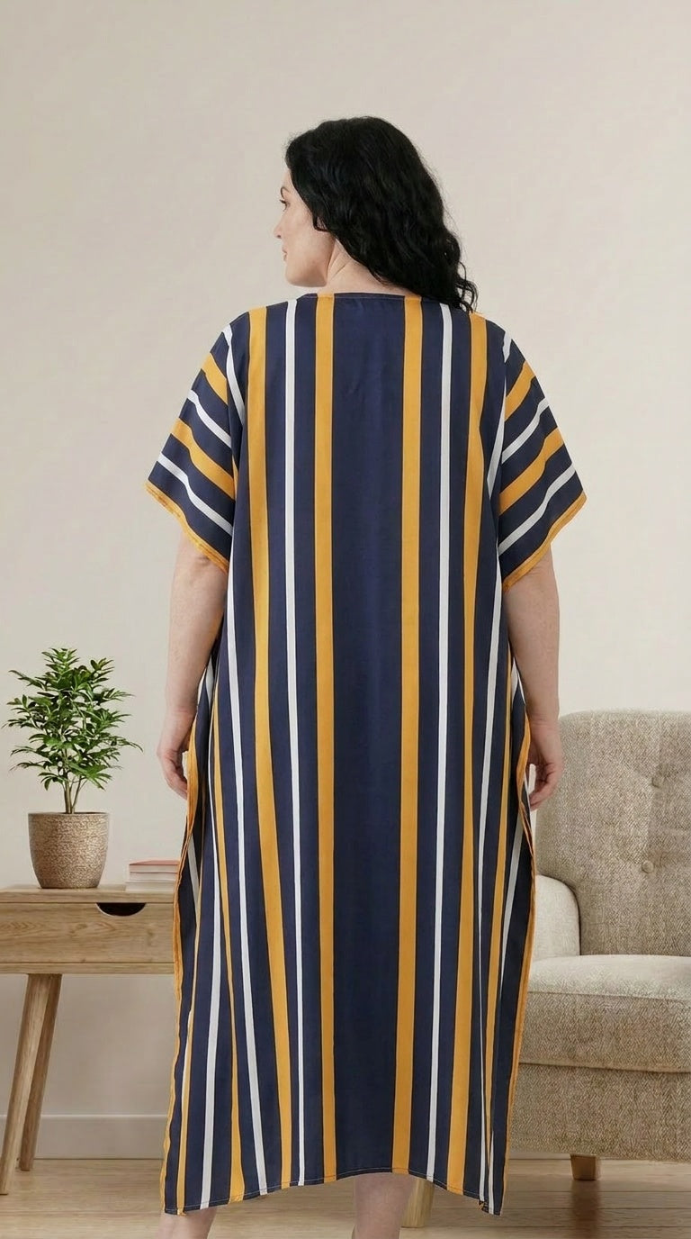 GypsieBlu Navy White Polyester Plus Size Kaftan for Women Kimono Sleeves 1X-3X Striped Print
