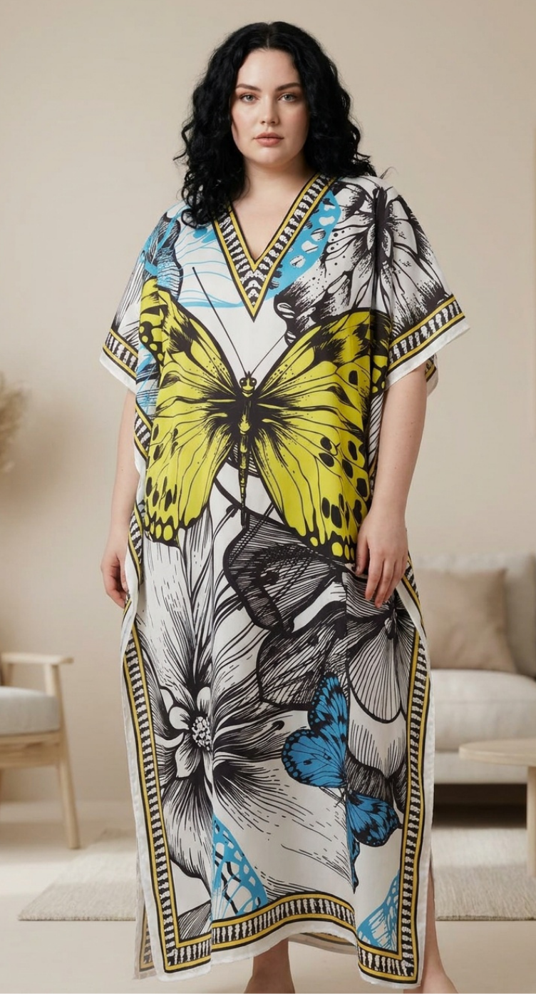 GypsieBlu Ivory Polyester Plus Size Kaftan for Women V-Neck 1X-3X Butterfly Print