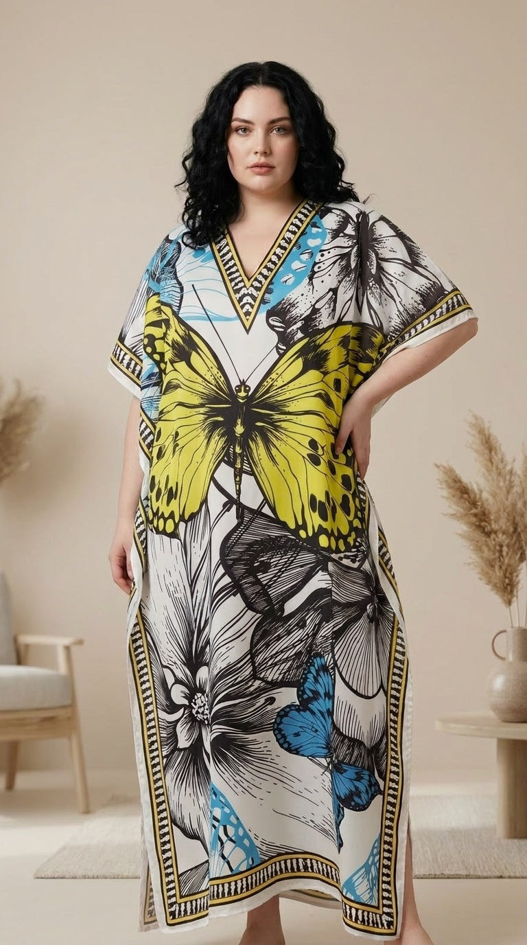 GypsieBlu Ivory Polyester Plus Size Kaftan for Women V-Neck 1X-3X Butterfly Print