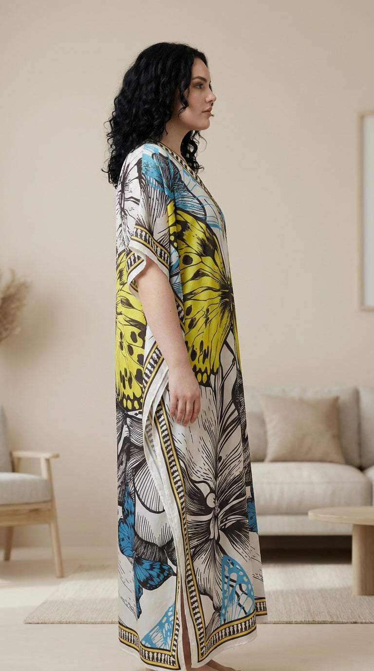 GypsieBlu Ivory Polyester Plus Size Kaftan for Women V-Neck 1X-3X Butterfly Print