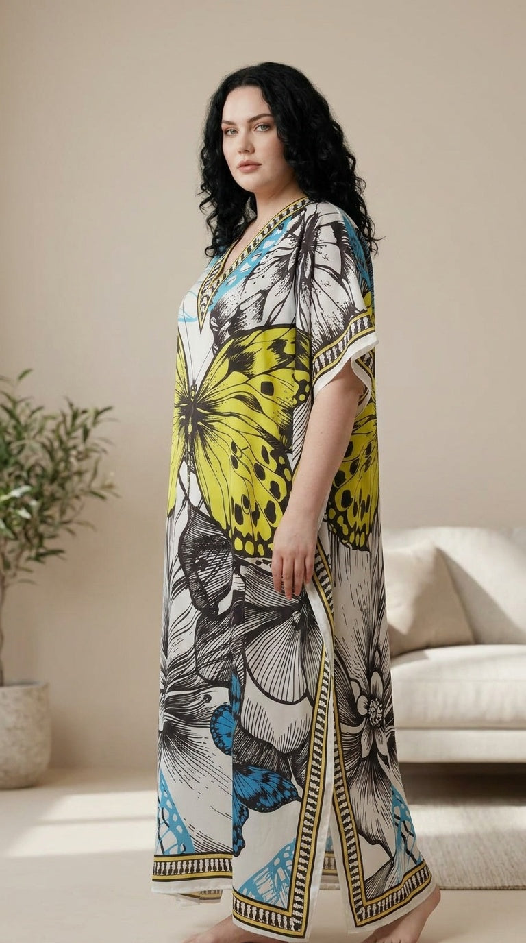 GypsieBlu Ivory Polyester Plus Size Kaftan for Women V-Neck 1X-3X Butterfly Print