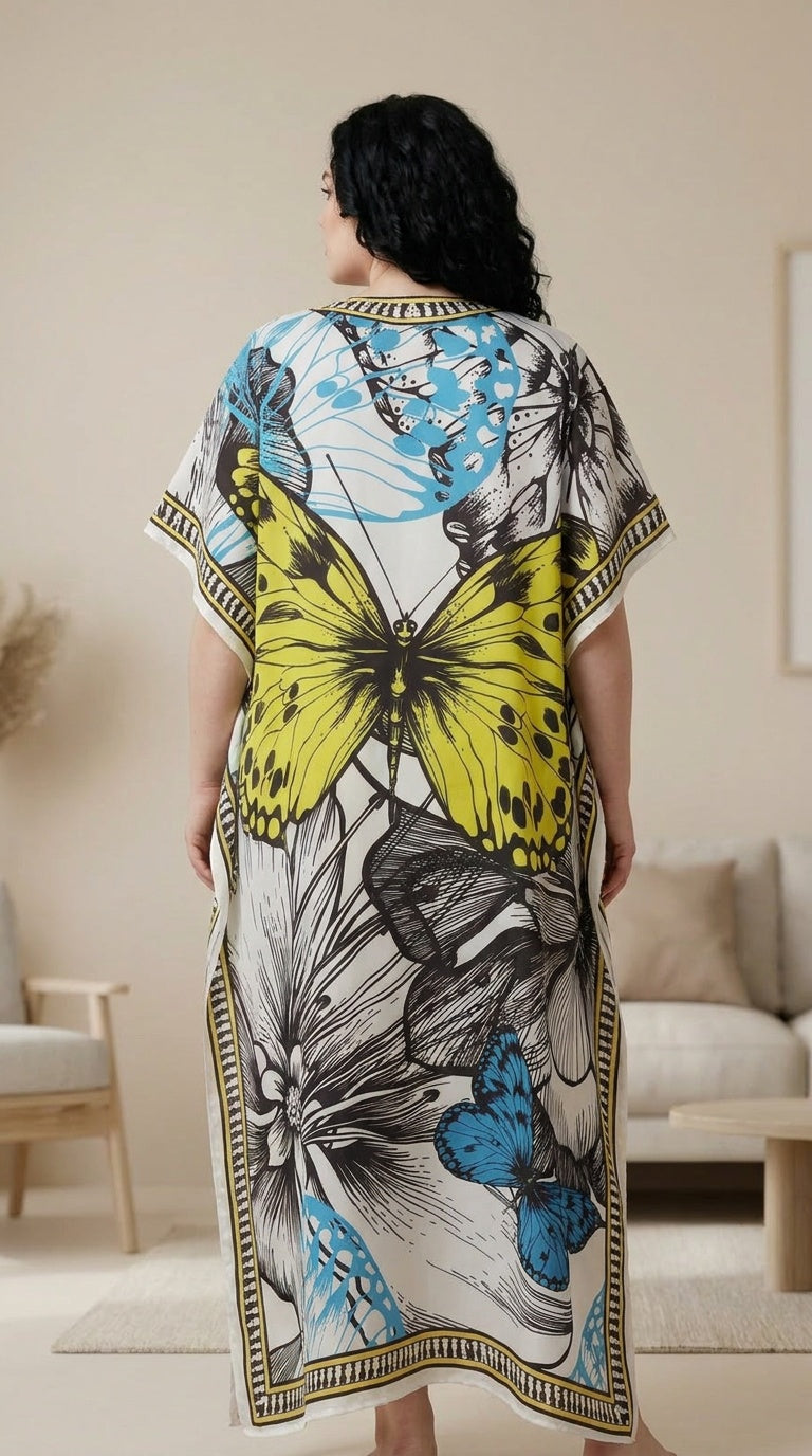 GypsieBlu Ivory Polyester Plus Size Kaftan for Women V-Neck 1X-3X Butterfly Print