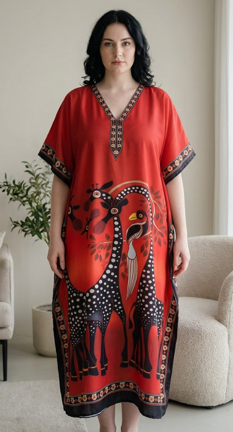 GypsieBlu Red Polyester Plus Size Kaftan for Women Moo Moo Dress 1X-3X Animal Print