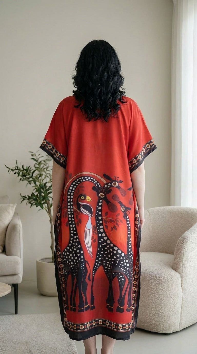 GypsieBlu Red Polyester Plus Size Kaftan for Women Moo Moo Dress 1X-3X Animal Print
