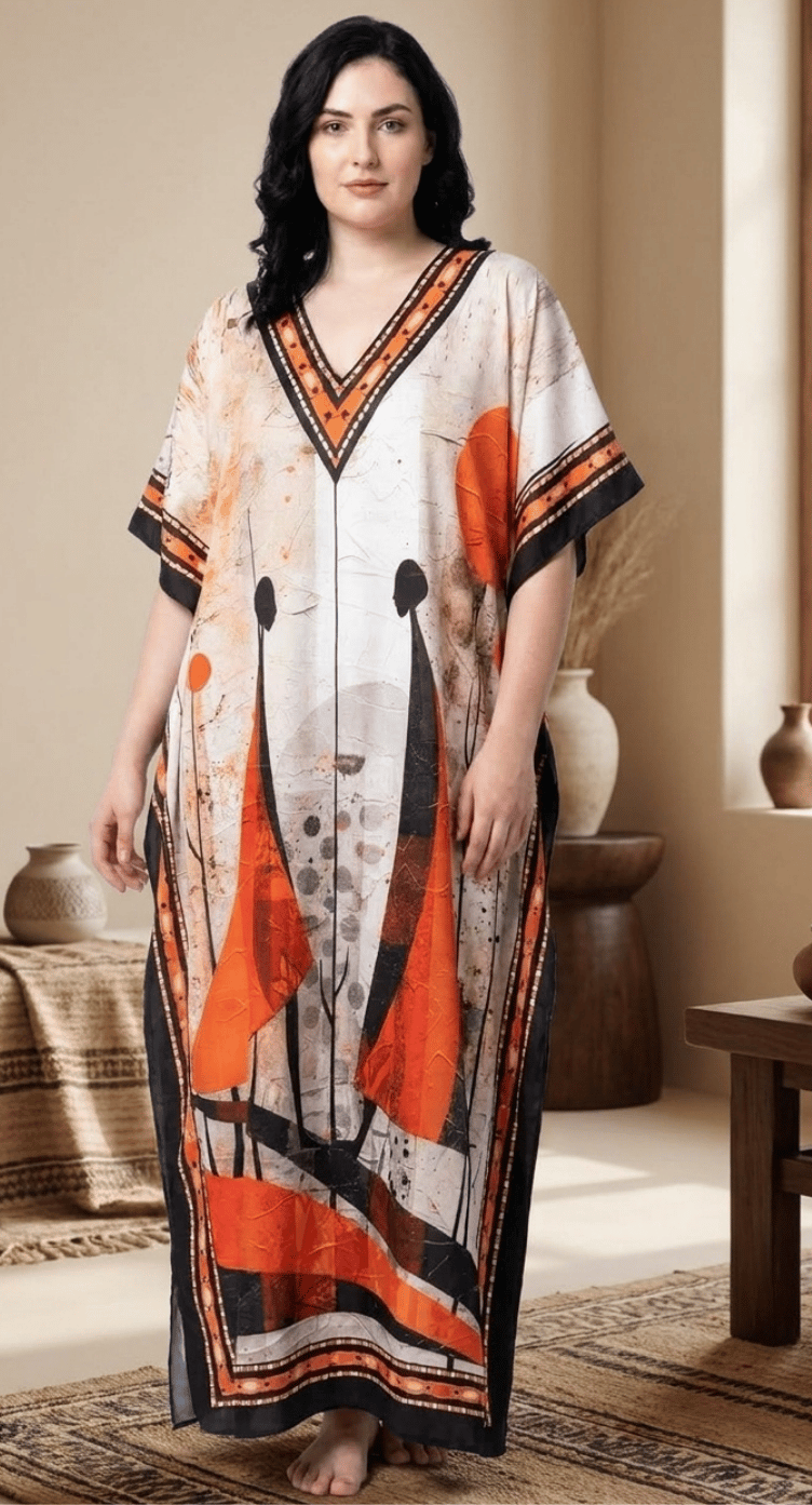 GypsieBlu Ivory Multi Polyester Plus Size Kaftan for Women Moo Moo Dress 1X-3X Abstract Print