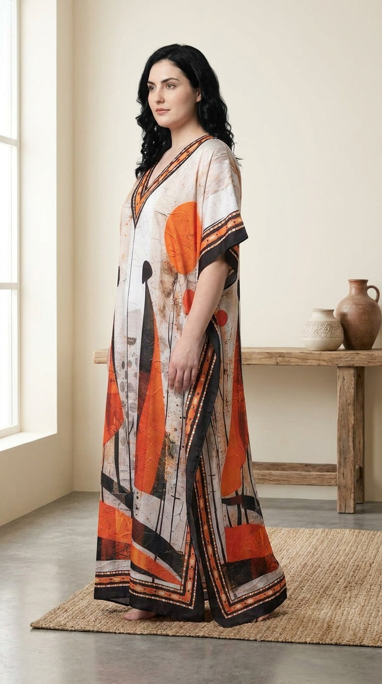 Ivory plus size kaftan with orange and black abstract figure print and contrast border trim — additional view