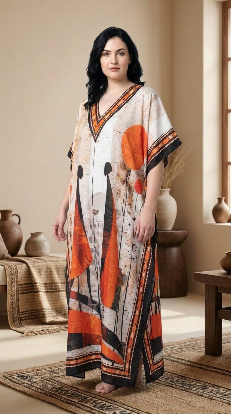 Ivory plus size kaftan with orange and black abstract figure print and contrast border trim — further product view