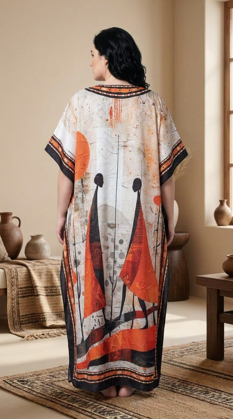 GypsieBlu Ivory Multi Polyester Plus Size Kaftan for Women Moo Moo Dress 1X-3X Abstract Print