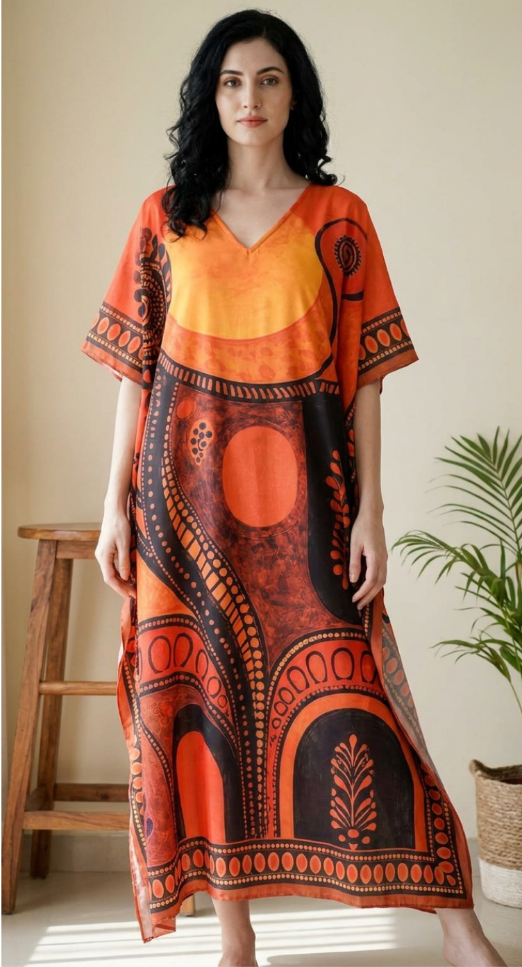 GypsieBlu Orange Black Polyester Plus Size Kaftan for Women Kimono Sleeves 1X-3X Geometric Print