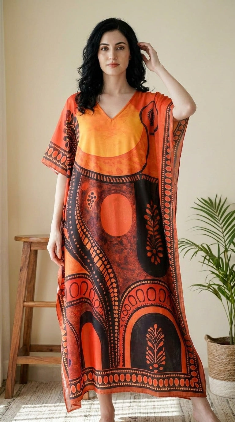 GypsieBlu Orange Black Polyester Plus Size Kaftan for Women Kimono Sleeves 1X-3X Geometric Print