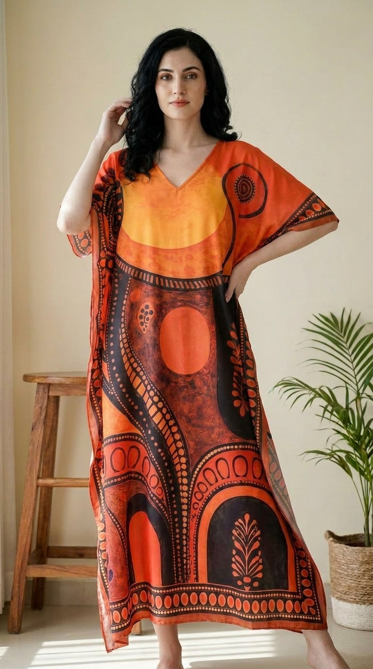 GypsieBlu Orange Black Polyester Plus Size Kaftan for Women Kimono Sleeves 1X-3X Geometric Print
