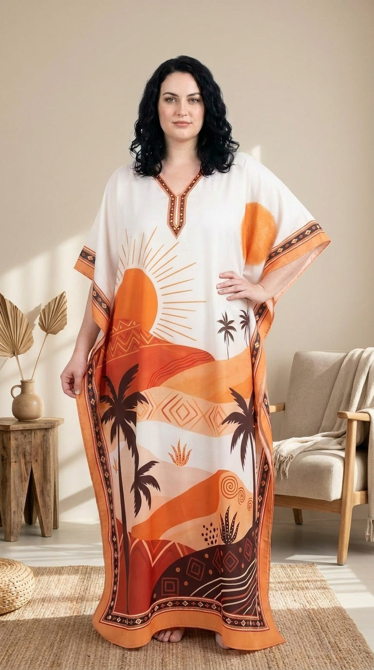 Cream plus size kaftan with orange desert landscape and palm tree print, embroidered V-neck — another angle