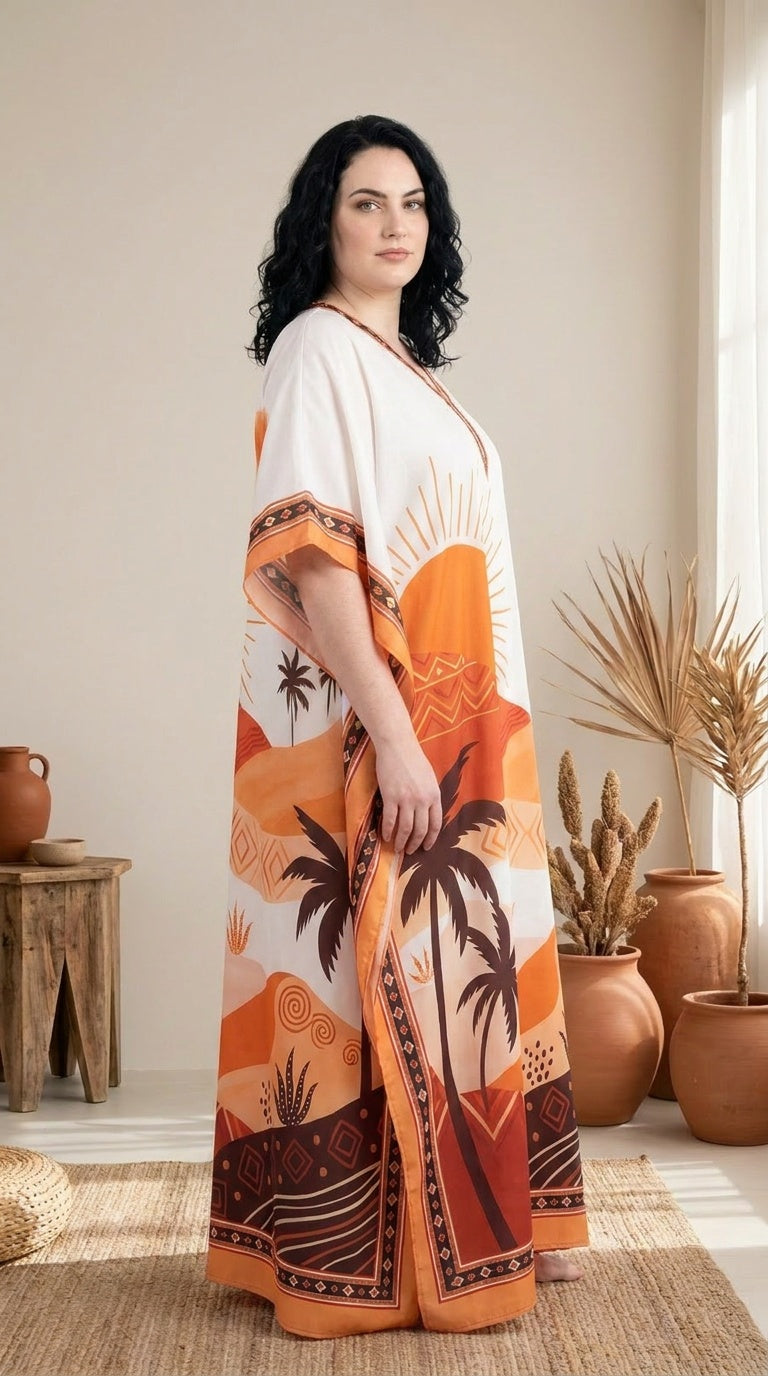 Cream plus size kaftan with orange desert landscape and palm tree print, embroidered V-neck — additional view