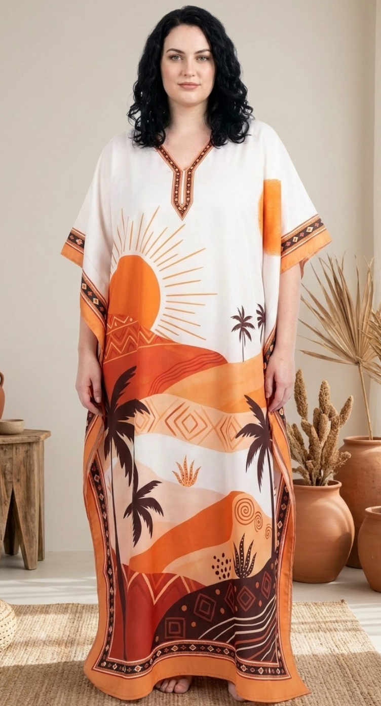 GypsieBlu Cream Polyester Plus Size Kaftan for Women V-Neck 1X-3X Landscape Print