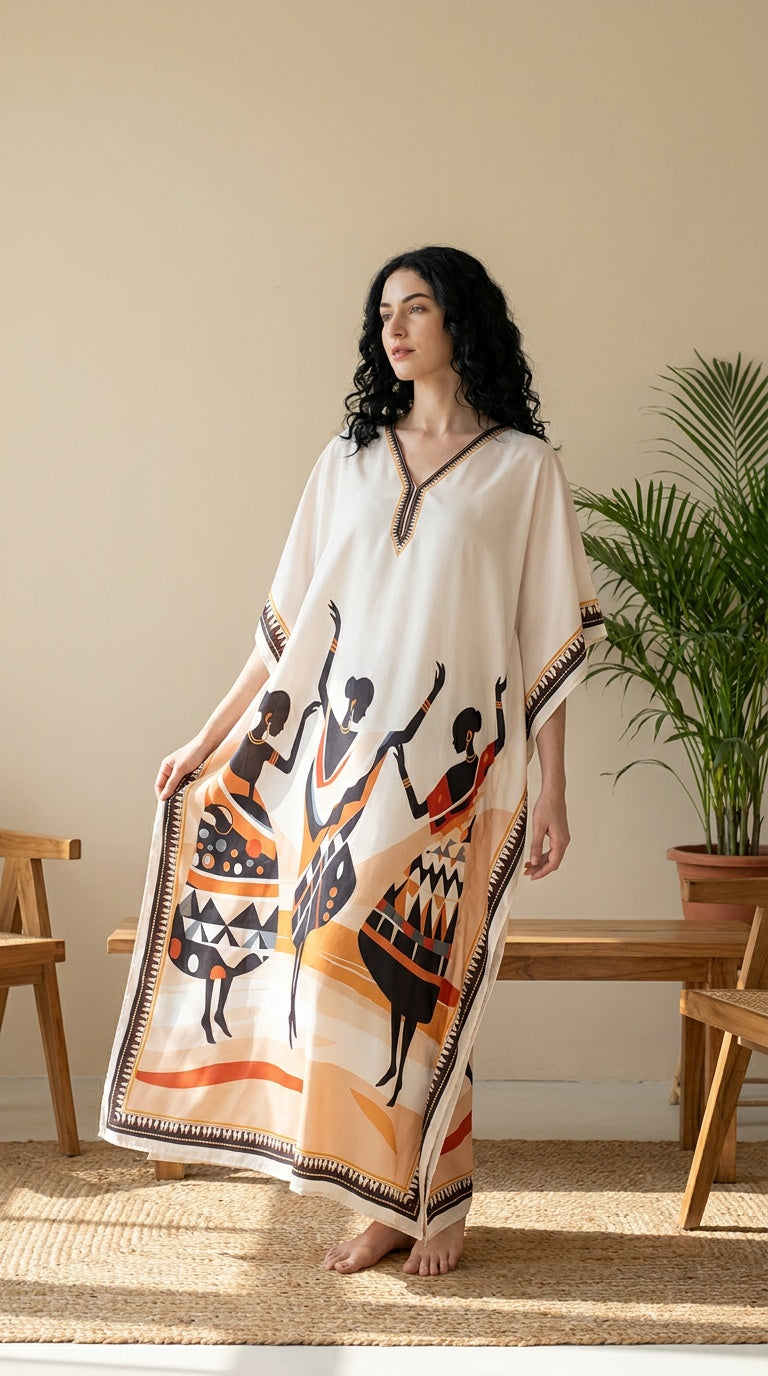 GypsieBlu Ivory Black Polyester Plus Size Kaftan for Women Moo Moo Dress 1X-3X Tribal Print