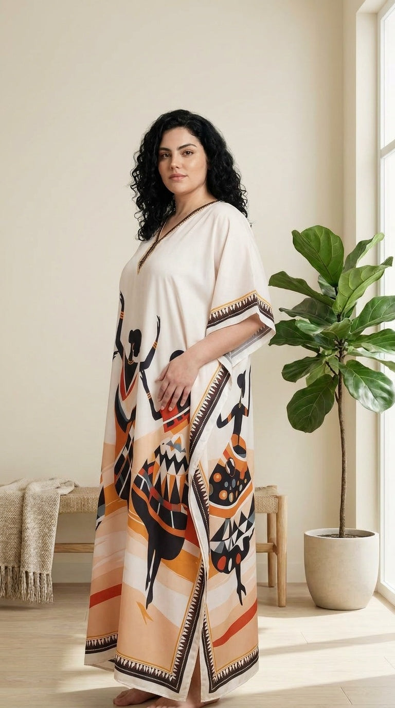 GypsieBlu Ivory Black Polyester Plus Size Kaftan for Women Moo Moo Dress 1X-3X Tribal Print